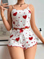 Aria's Closet Pamuklu Beyaz Üstüne Kırmızı Kalp Desenli Askılı Şortlu Pijama Takımı