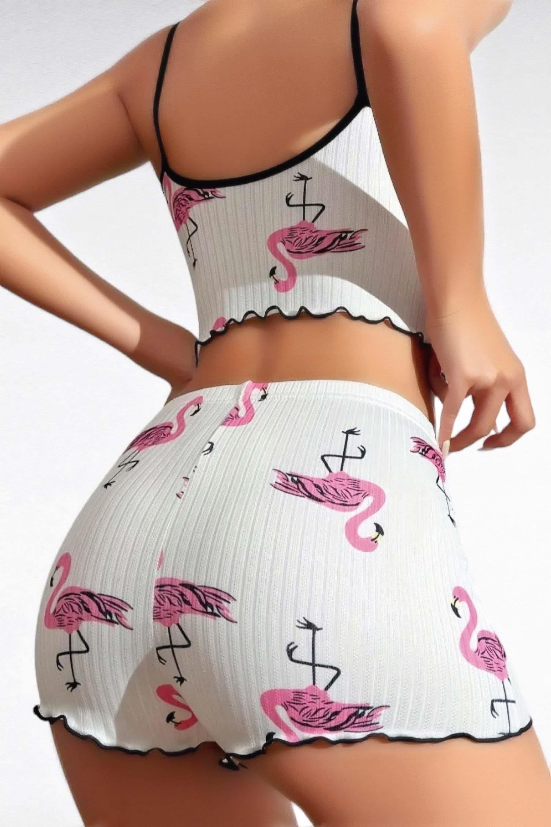 Aria's Closet Pamuklu Beyaz Üstüne Pelikan Desen Fitilli Askılı Şortlu Pijama Takımı