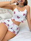 Aria's Closet Pamuklu Beyaz Üstüne Pembe Kurdela Desenli Fitilli Askılı Şortlu Pijama Takımı Beyaz S/M