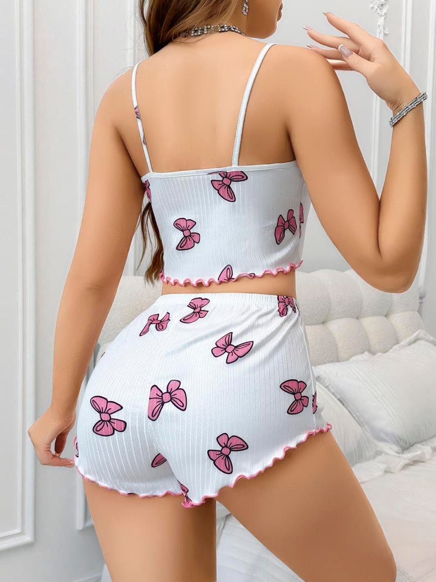 Aria's Closet Pamuklu Beyaz Üstüne Pembe Kurdela Desenli Fitilli Askılı Şortlu Pijama Takımı