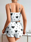Aria's Closet Pamuklu Beyaz Üstüne Siyah Kalp Desen Fitilli Askılı Şortlu Pijama Takımı