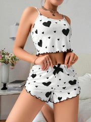 Aria's Closet Pamuklu Beyaz Üstüne Siyah Kalp Desen Fitilli Askılı Şortlu Pijama Takımı Beyaz S/M
