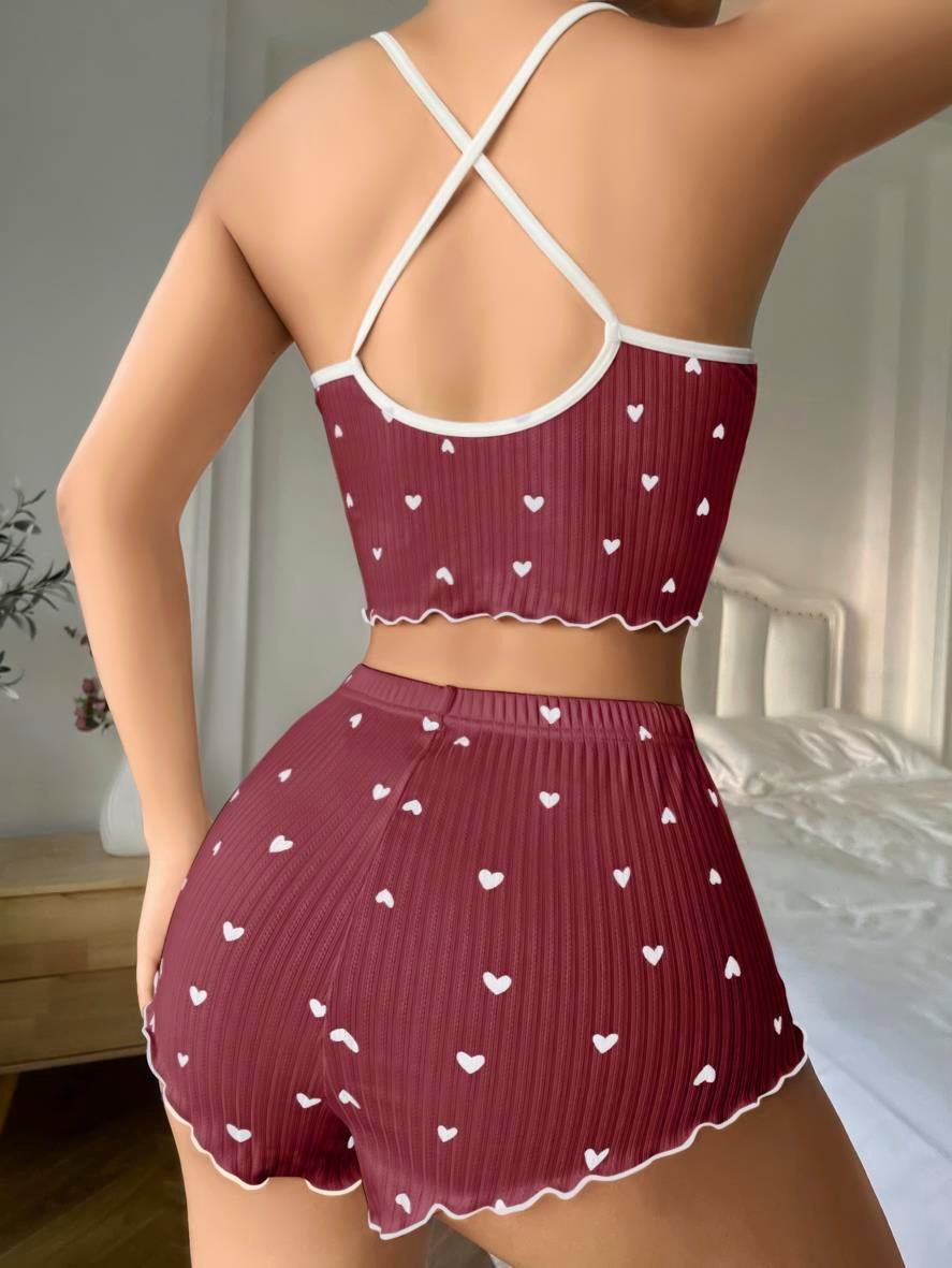 Aria's Closet Pamuklu Kahverengi Üstüne Beyaz Kalp Desen Fitilli Askılı Şortlu Pijama Takımı