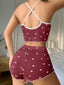 Aria's Closet Pamuklu Kahverengi Üstüne Beyaz Kalp Desen Fitilli Askılı Şortlu Pijama Takımı