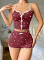 Aria's Closet Pamuklu Kahverengi Üstüne Beyaz Kalp Desen Fitilli Askılı Şortlu Pijama Takımı