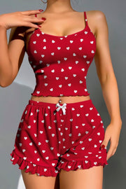 Aria's Closet Pamuklu Kırmızı Üstüne Beyaz Kalp Desen Fitilli Askılı Şortlu Pijama Takımı Kırmızı S/M