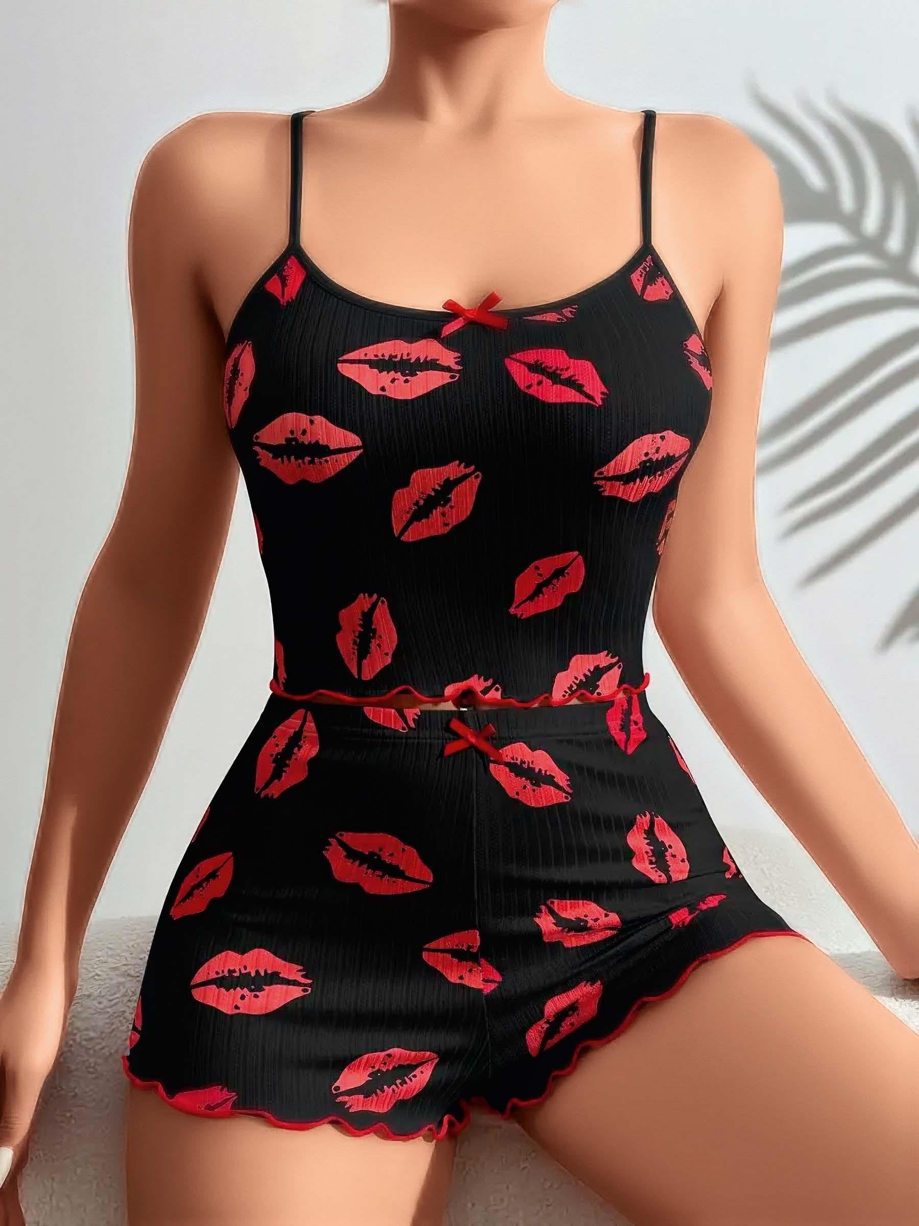 Aria's Closet Pamuklu Kiss Öpücük Desen Siyah Fitilli Şortlu Pijama Takımı