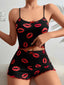 Aria's Closet Pamuklu Kiss Öpücük Desen Siyah Fitilli Şortlu Pijama Takımı Siyah S/M