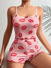 Aria's Closet Pamuklu Kiss Öpücük Desen Pembe Şortlu Pijama Takımı Pembe S/M