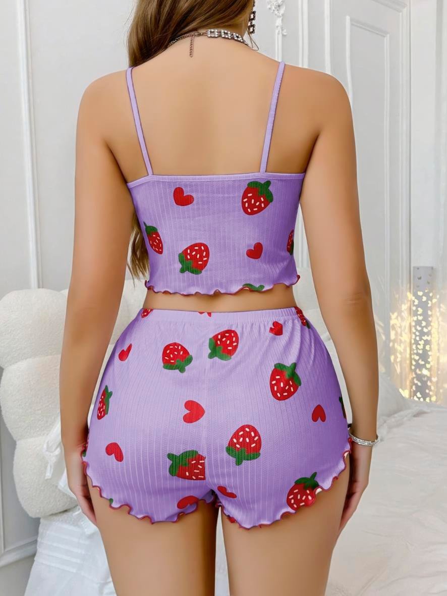 Aria's Closet Pamuklu Lila Üstüne Çilek Desen Fitilli Askılı Şortlu Pijama Takımı