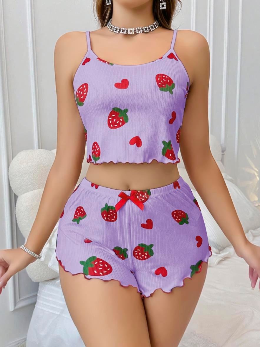 Aria's Closet Pamuklu Lila Üstüne Çilek Desen Fitilli Askılı Şortlu Pijama Takımı