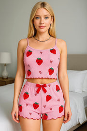 Aria's Closet Pamuklu Pembe Üstüne Çilek Desen Fitilli Askılı Şortlu Pijama Takımı Pembe S/M