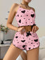 Aria's Closet Pamuklu Pembe Üstüne Siyah Kalp Desenli Askılı Fitilli Şortlu Pijama Takımı