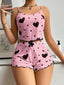 Aria's Closet Pamuklu Pembe Üstüne Siyah Kalp Desenli Askılı Fitilli Şortlu Pijama Takımı Pembe S/M