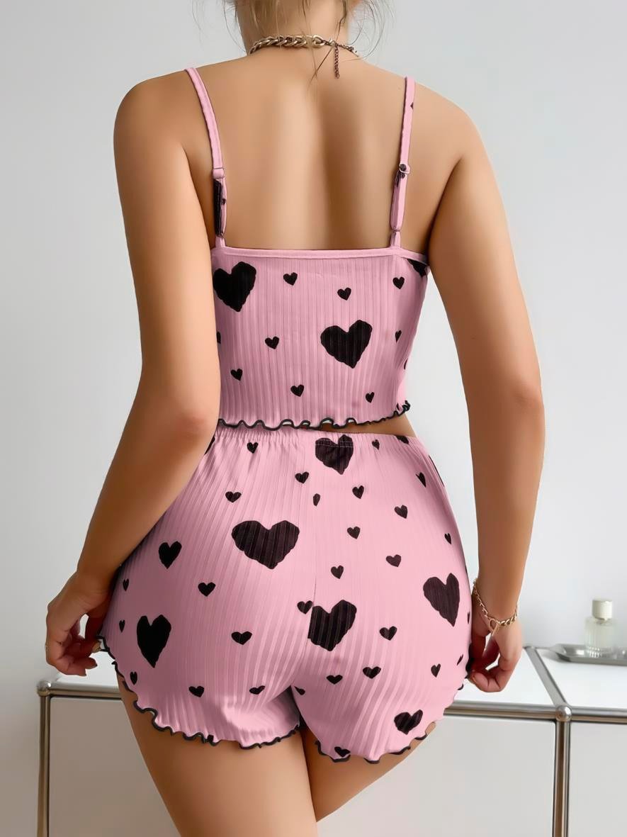 Aria's Closet Pamuklu Pembe Üstüne Siyah Kalp Desenli Askılı Fitilli Şortlu Pijama Takımı