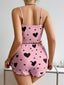 Aria's Closet Pamuklu Pembe Üstüne Siyah Kalp Desenli Askılı Fitilli Şortlu Pijama Takımı