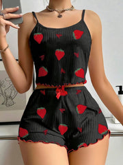 Aria's Closet Pamuklu Siyah Üstüne Çilek Desen Fitilli Askılı Şortlu Pijama Takımı Siyah S/M