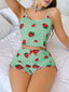 Aria's Closet Pamuklu Yeşil Üstüne Çilek Desen Fitilli Askılı Şortlu Pijama Takımı Yeşil S/M