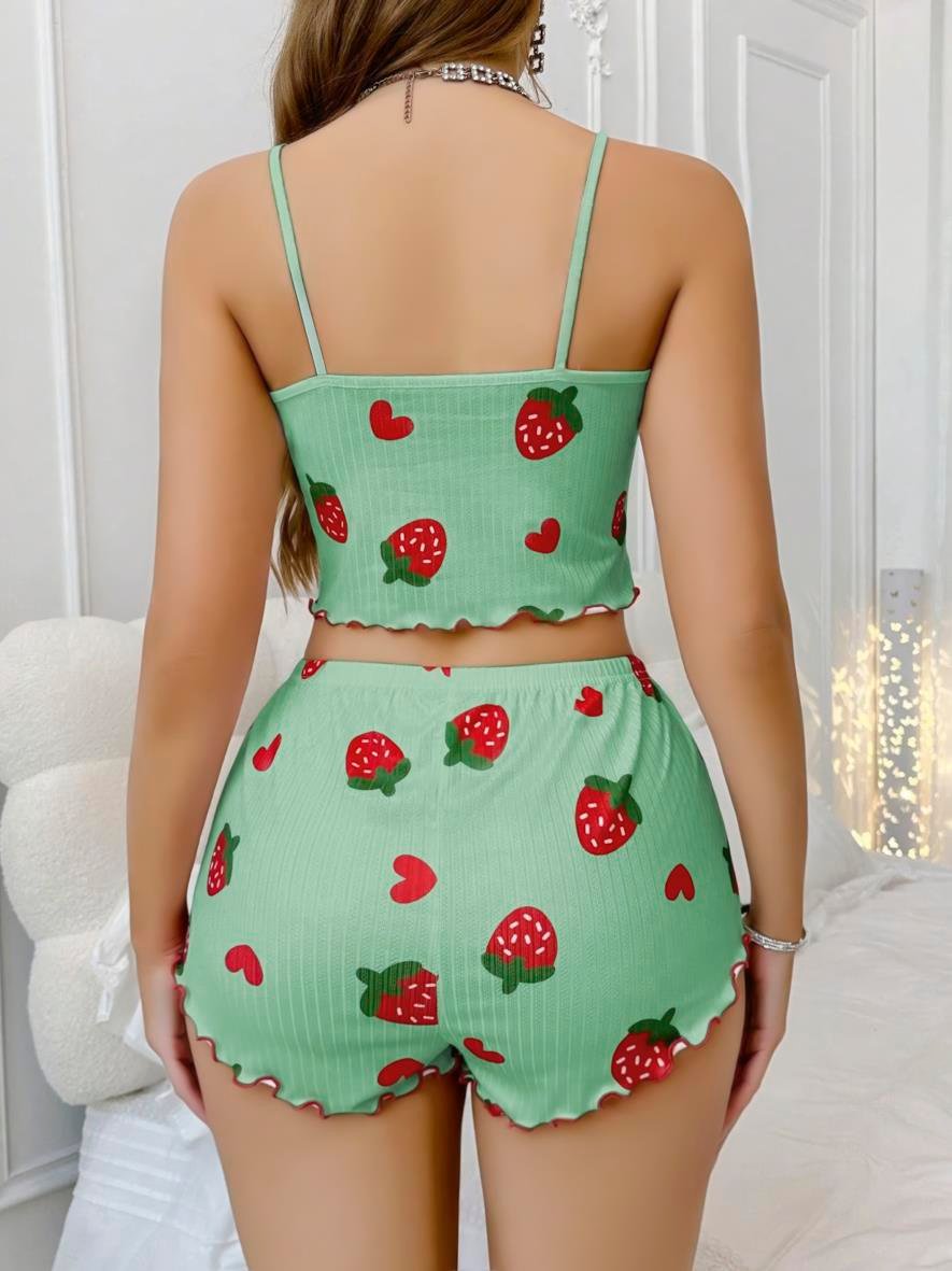 Aria's Closet Pamuklu Yeşil Üstüne Çilek Desen Fitilli Askılı Şortlu Pijama Takımı