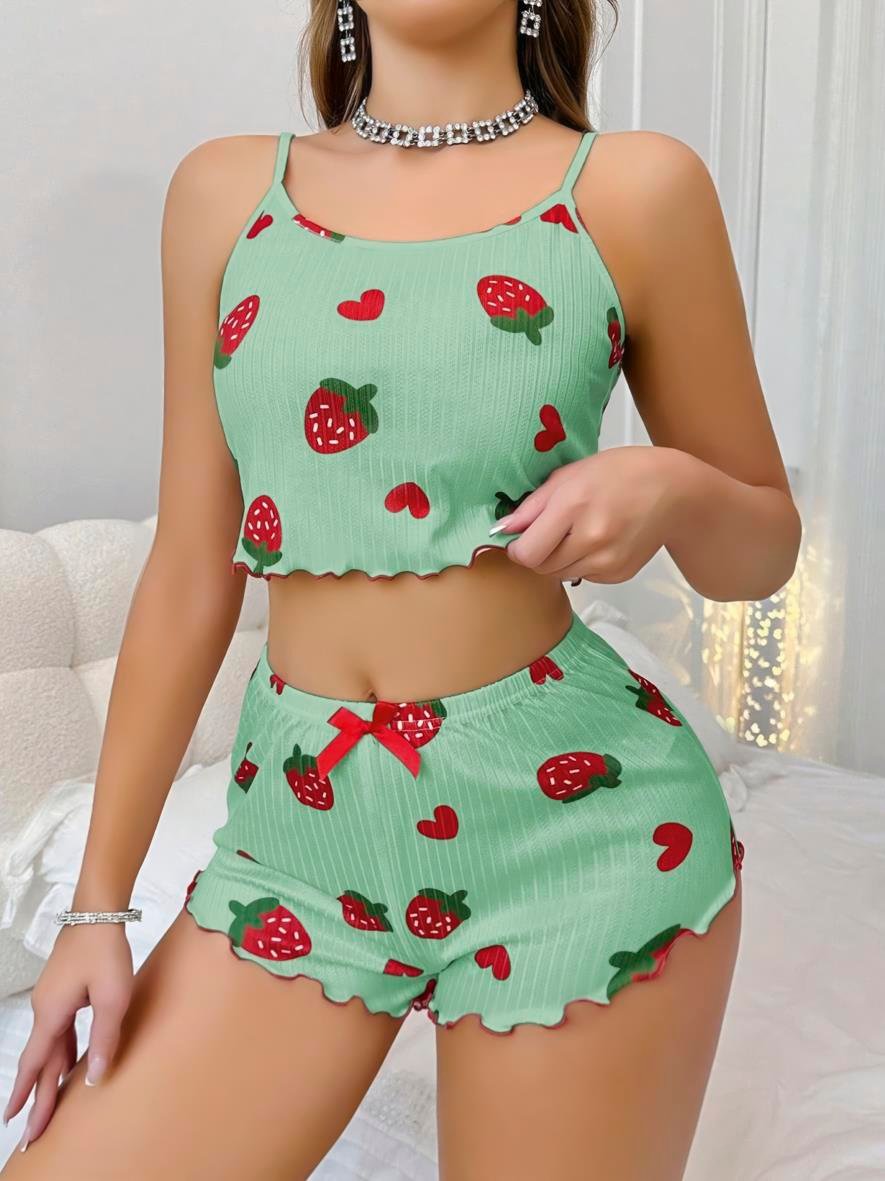 Aria's Closet Pamuklu Yeşil Üstüne Çilek Desen Fitilli Askılı Şortlu Pijama Takımı