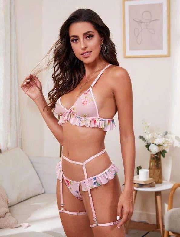 Aria's Closet Pembe Çiçek Desen Fırfırlı Fantezi Jartiyer Takım Pembe S/M