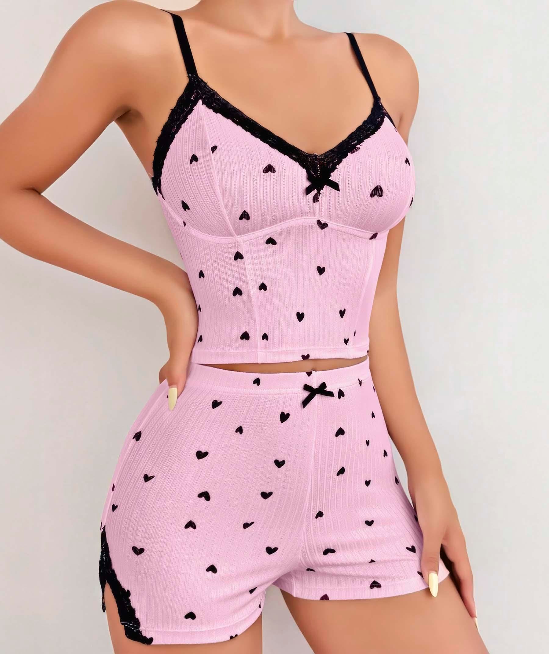 Aria's Closet Pembe Kalp Desenli Askılı Şortlu Pijama Takım Pembe S/M