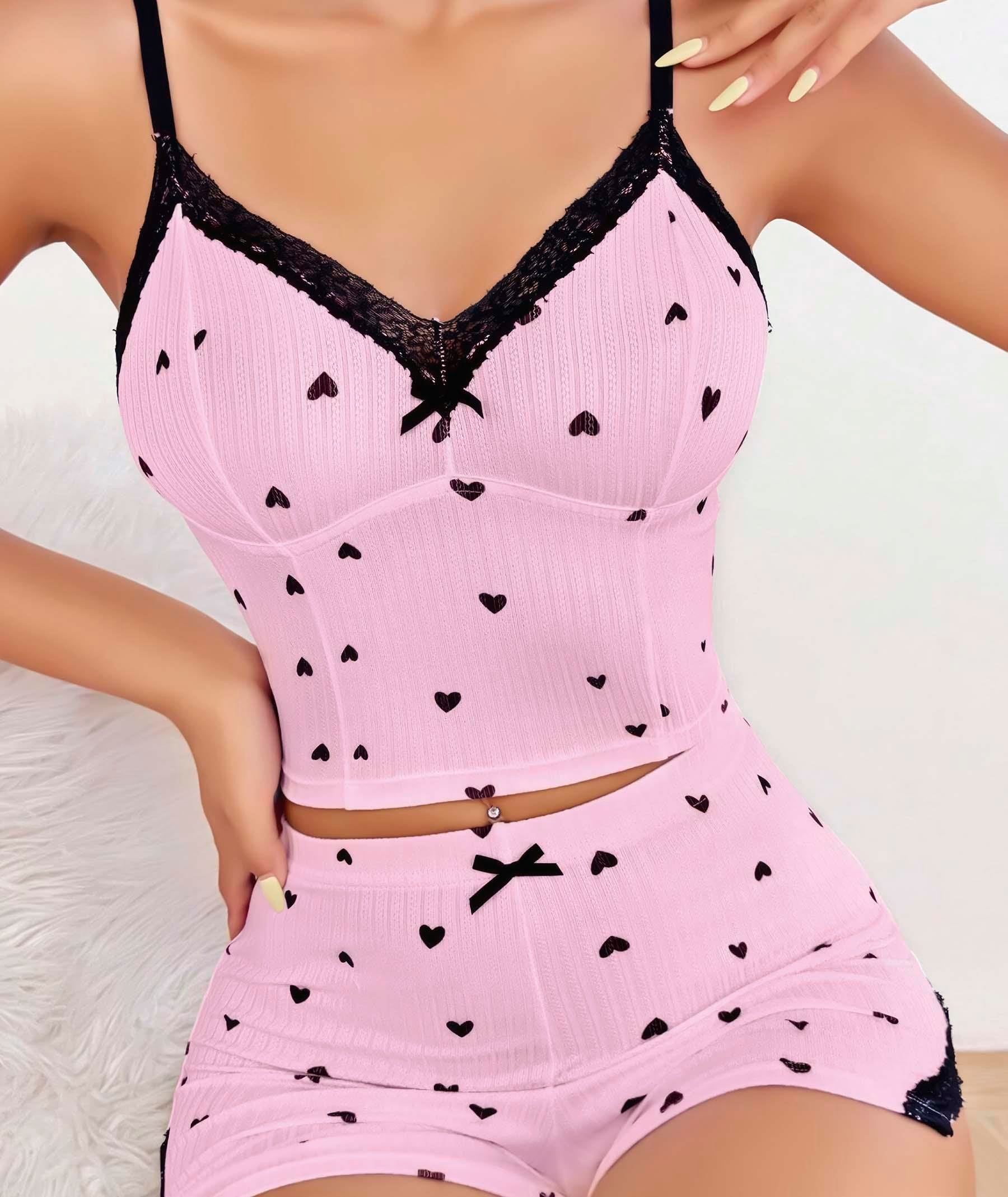 Aria's Closet Pembe Kalp Desenli Askılı Şortlu Pijama Takım