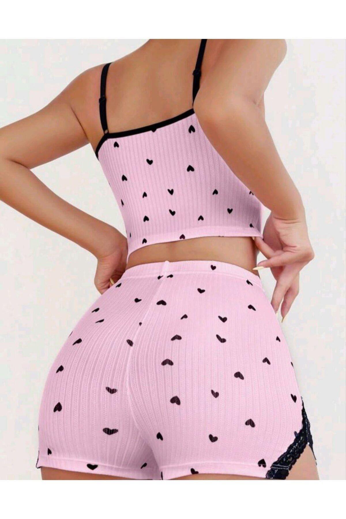 Aria's Closet Pembe Kalp Desenli Askılı Şortlu Pijama Takım