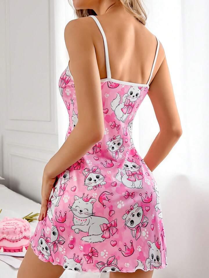 Aria's Closet Pembe Kedi Desenli Fantezi Gecelik