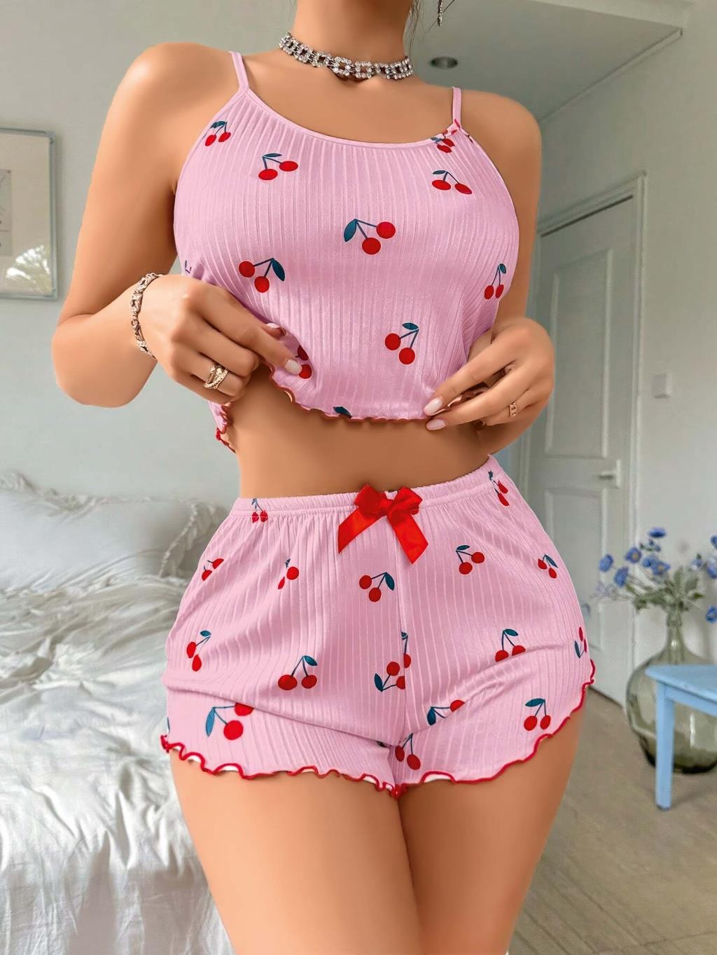 Aria's Closet Pembe Kiraz Desenli Askılı Şortlu Pijama Pembe S/M