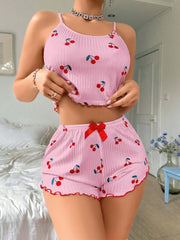 Aria's Closet Pembe Kiraz Desenli Askılı Şortlu Pijama Pembe S/M