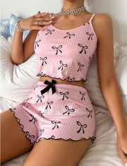 Aria's Closet Pembe Üstüne Siyah Kurdela Desenli Askılı Şortlu Pijama Takımı Görsel M