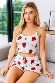 Aria's Closet Penye Kumaş Çilek Desen Beyaz Şortlu Takım Beyaz S/M