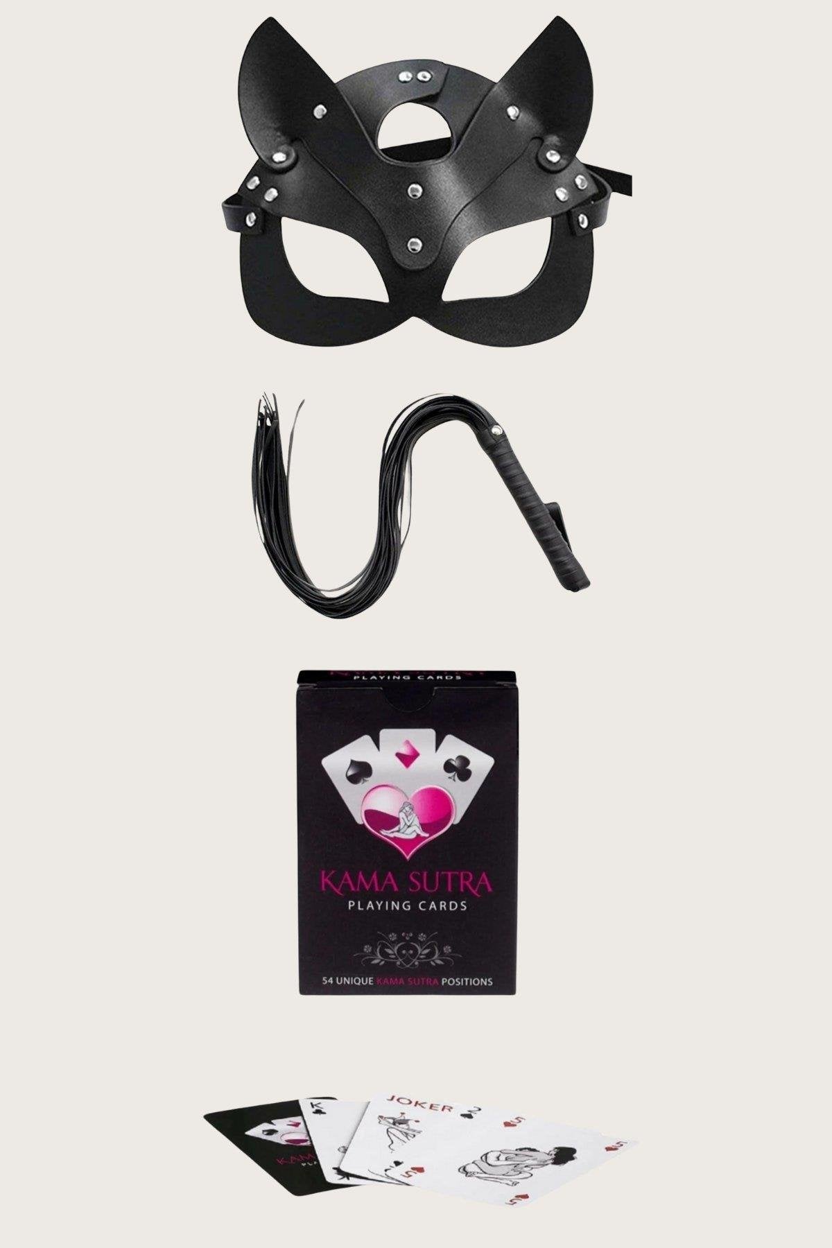 Aria's Closet Sexy Görselli Oyun Kartı Kama Sutra Kırbaç Maske Set Siyah Standart
