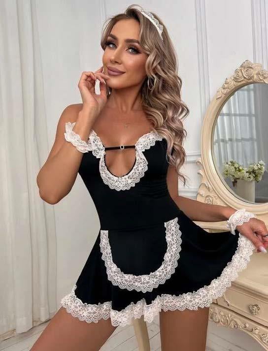 Aria's Closet Siyah Beyaz Aksesuarlı Dantelli Fantezi Hizmetçi Kostümü Siyah/Beyaz S/M