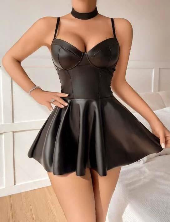 Aria's Closet Siyah Etekli Pileli Fantezi Deri Elbise Siyah S/M