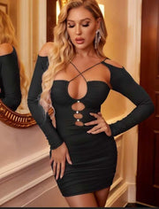 Aria's Closet Siyah Göğüs Dekolteli İp Detaylı Mini Club Elbisesi Siyah M
