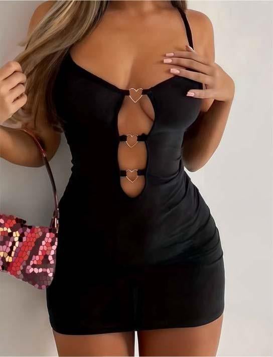 Aria's Closet Siyah Göğüs Dekolteli Kalp Detaylı Mini Club Elbisesi Siyah M