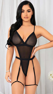 Aria's Closet Siyah İp Detaylı Tül Fantezi Body Siyah S/M