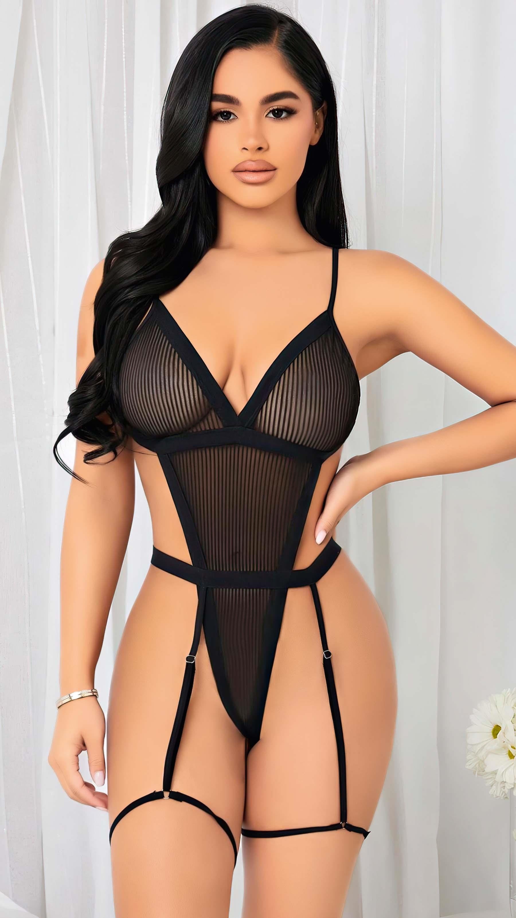 Aria's Closet Siyah İp Detaylı Tül Fantezi Body Siyah S/M