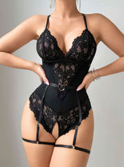 Aria's Closet Siyah Özel Bölgesi Açık Dantel İşlemeli Jartiyer Görünümlü Fantezi Body Siyah S/M