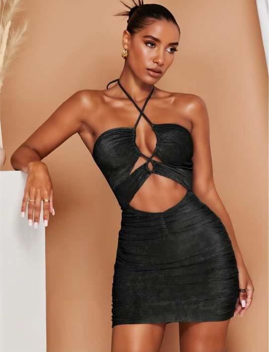 Aria's Closet Siyah Simli Boyundan Bağlamalı Göğüs Dekolteli Mini Club Elbisesi Siyah M