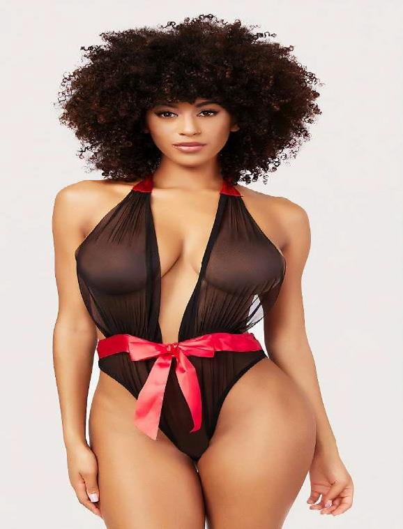 Aria's Closet Siyah Transparan Tül Kırmızı Kurdelalı Fantezi Babydoll Siyah S/M