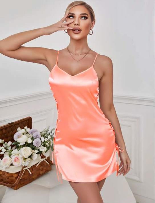 Aria's Closet Somon Yanları İp Detay İnce Askılı Saten Kısa Fantezi Gecelik