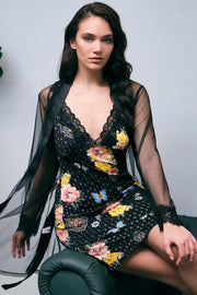 Aria's Closet Tül Sabahlık ve Viskon Çiçek Baskılı Dantelli Kısa Gecelik Takım Siyah S