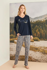 Yaprak Desenli "Romantic Life" Pijama Takımı LACİVERT L