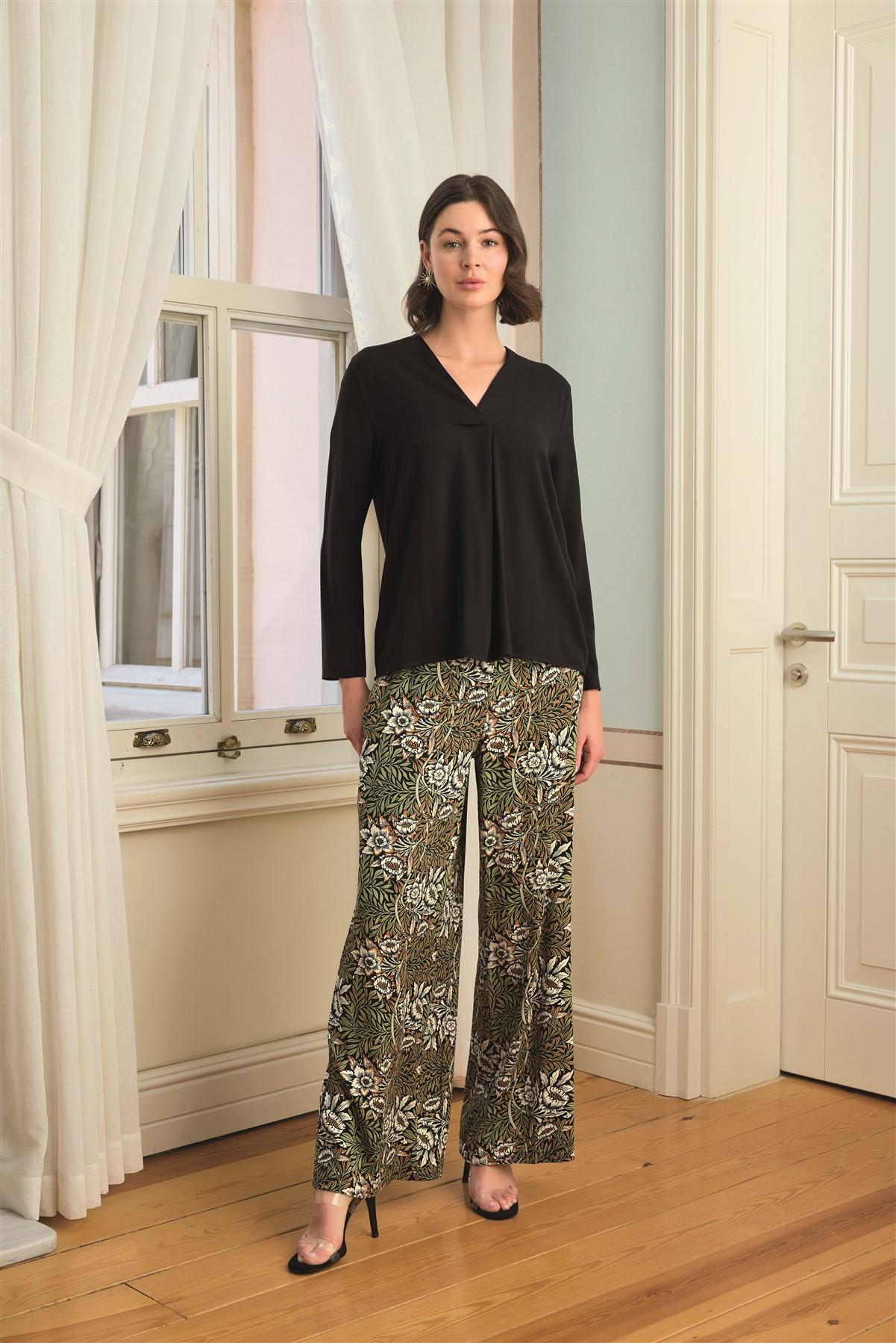 Çiçek Yaprak ve Etnik Desenli Uzun Kollu Pijama Takımı SİYAH L