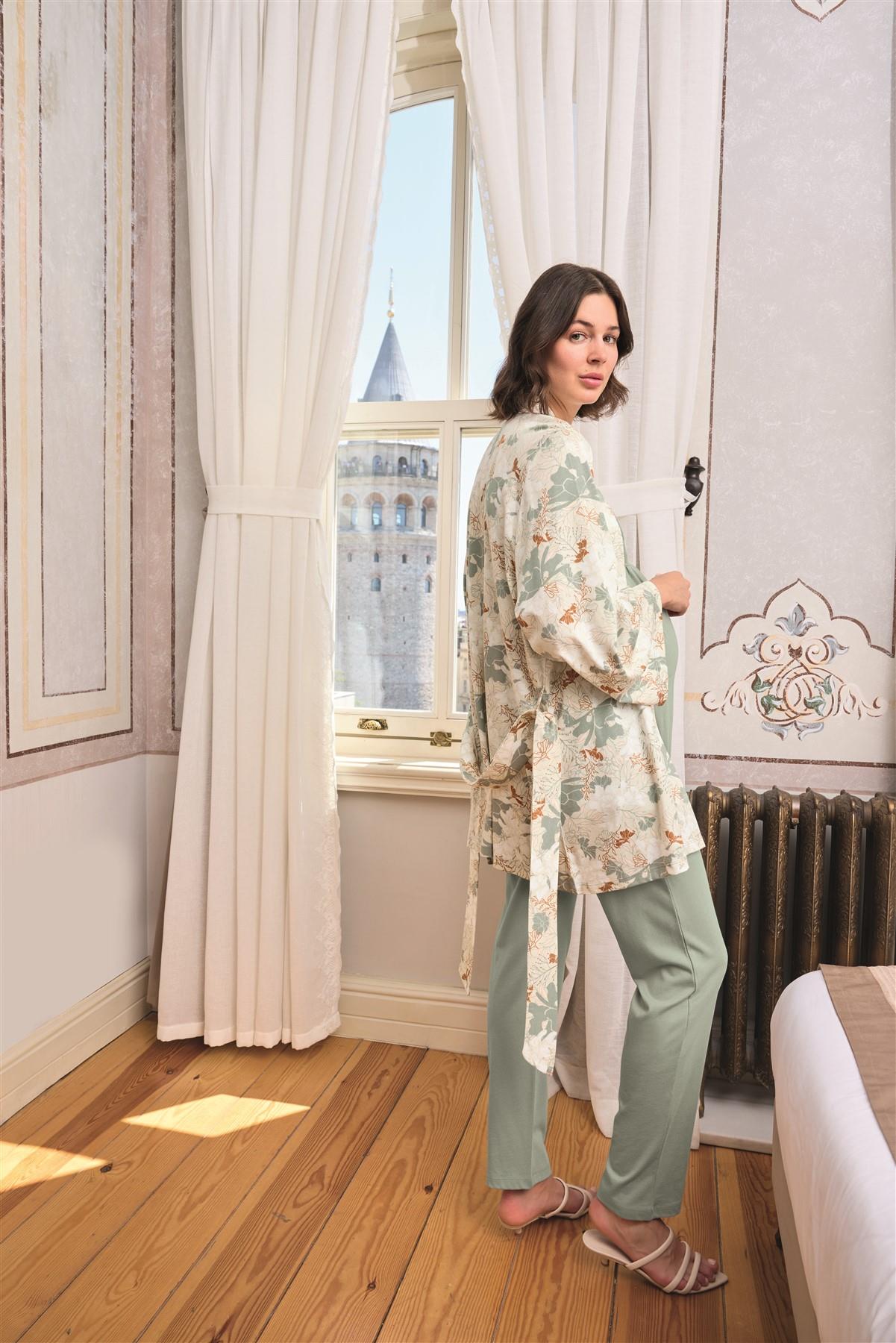 Çiçek ve Yaprak Desenli Dantelli Hamile Lohusa 3'lü Pijama Takımı