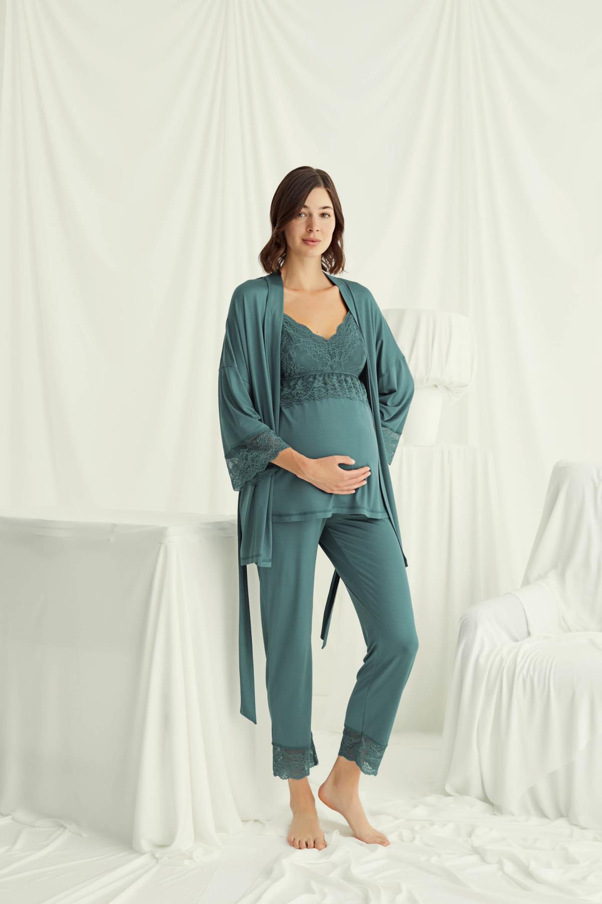 Dantelli Hamile Lohusa 3'lü Pijama Takımı YEŞİL L