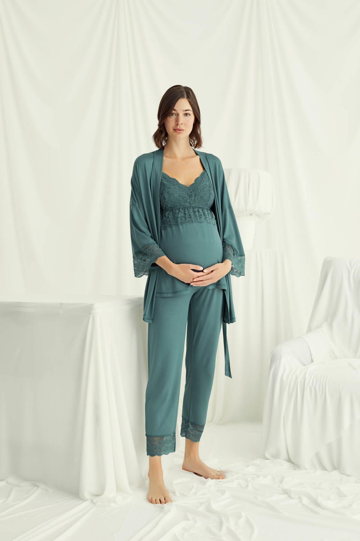 Dantelli Hamile Lohusa 3'lü Pijama Takımı